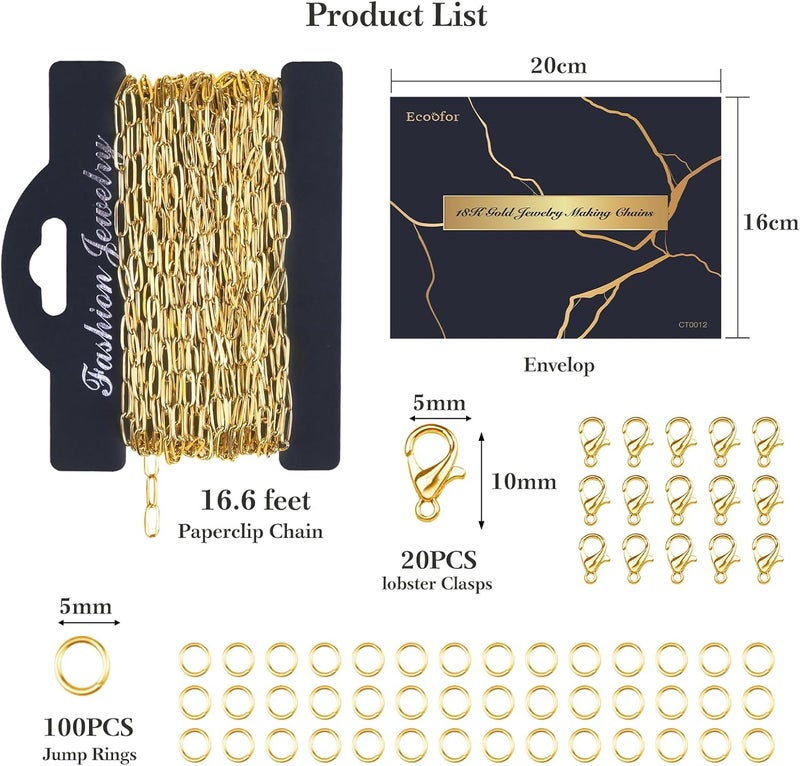 Ecoofor 18K Gold Chain for Jewelry Making – Stainless Steel Paperclip Chain, 16.6 Feet DIY Bracelet Necklace Kit with 100 Jump Rings, 50 Clasps, 26 Letter Pendants & 30 Colorful Charms - Image 3